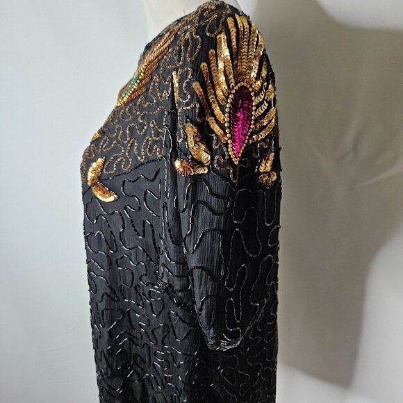 Vintage Denise Elle Black Silk Blouse Peacock Sequins Bling Holidays Party Top - Picture 4 of 12